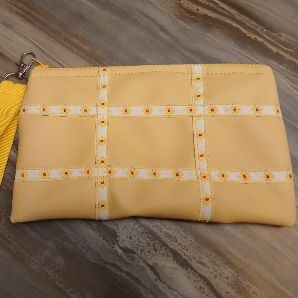 New Pebbled Faux Leather Pouch Wristlet Clutch Yellow Red vintage floral trim